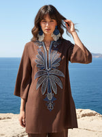 Pretty cotton blue highlighted embroidered co ord in brown