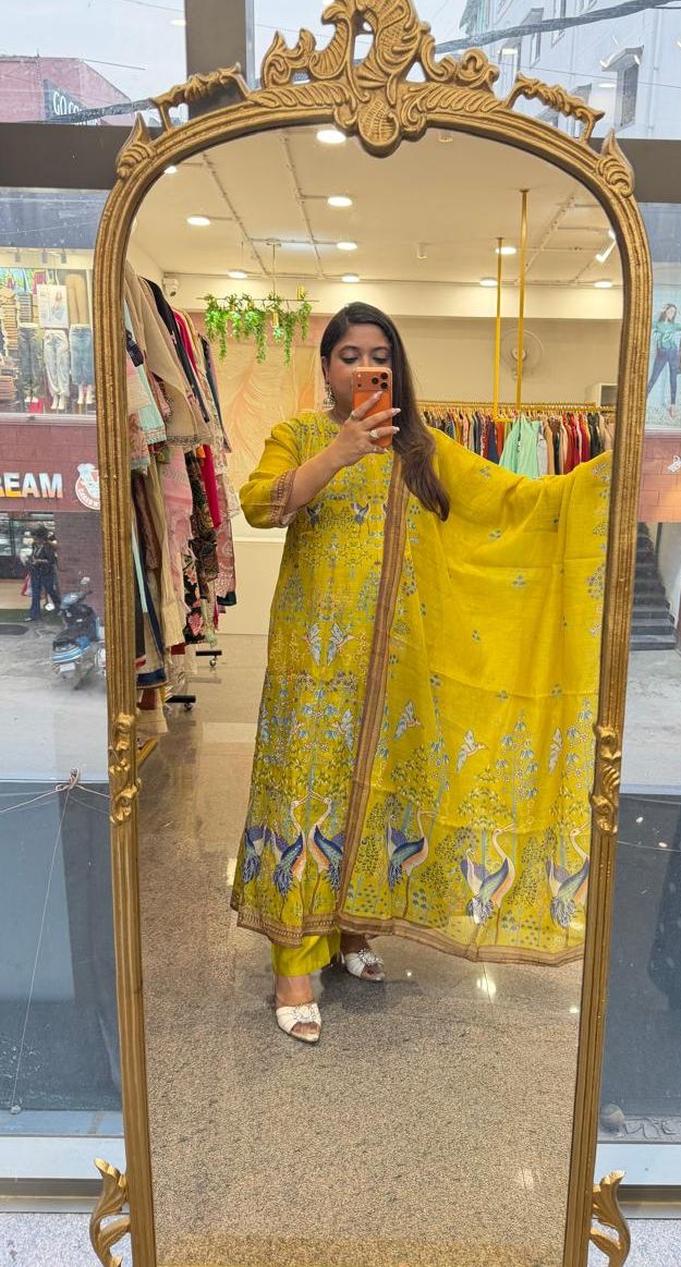 Pretty linen chanderi githan work full suit set
