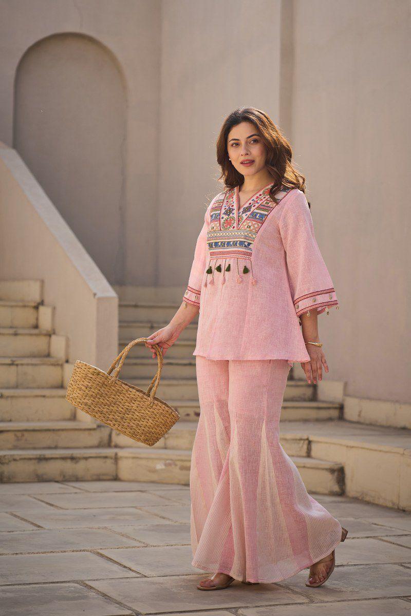 Linen cotton designer co ord in pink