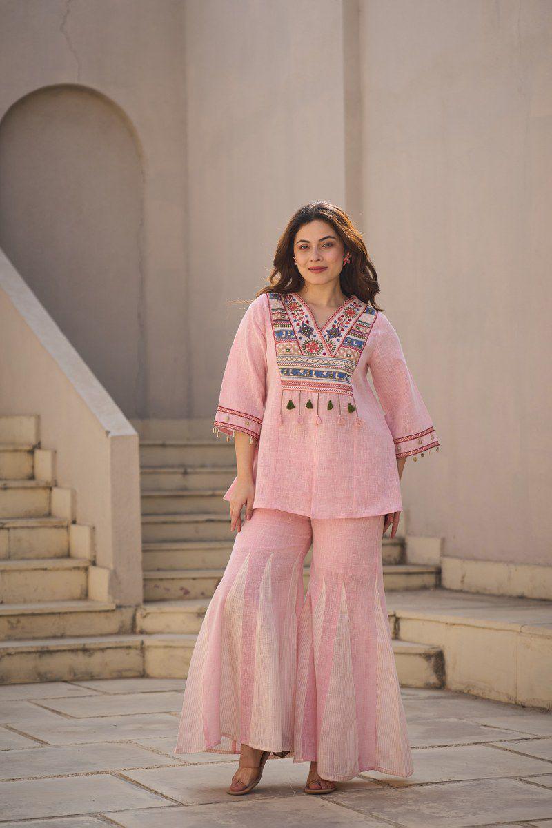Linen cotton designer co ord in pink