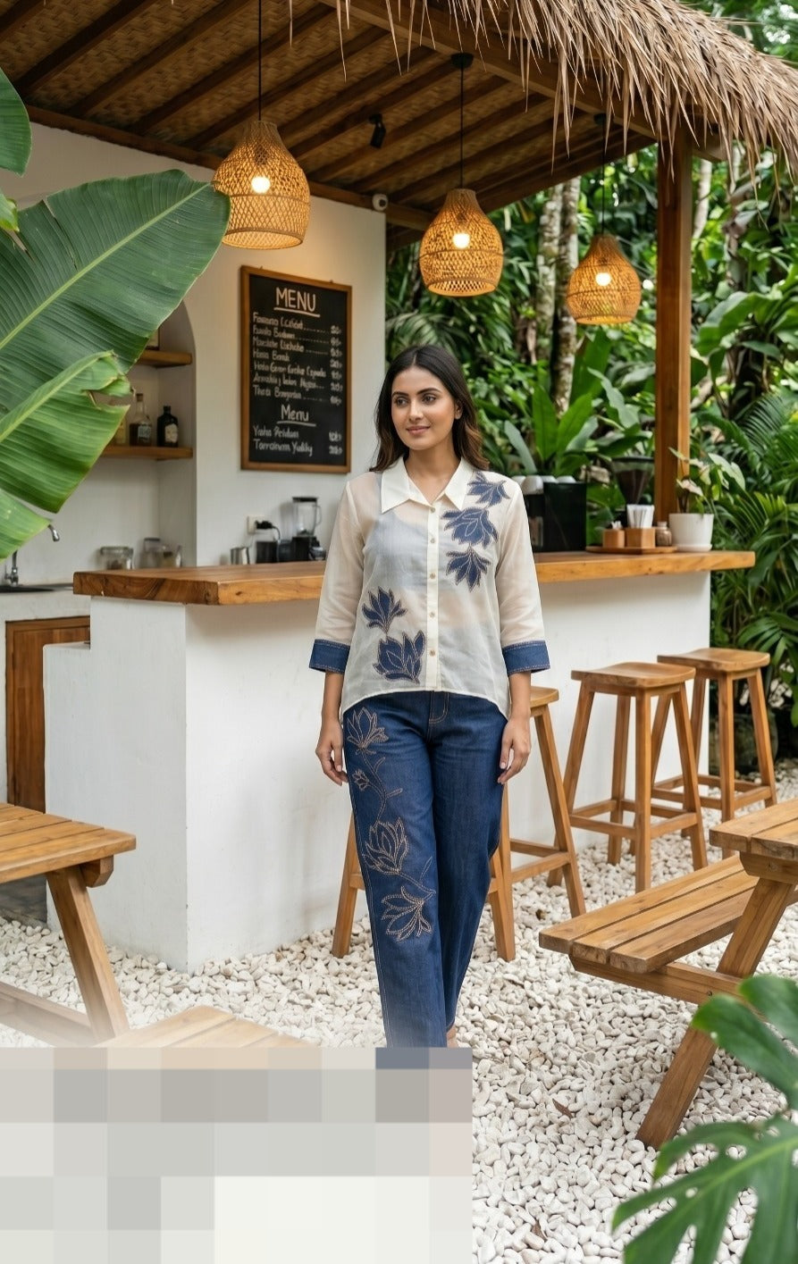 Denim cotton applique work bottom paired with Kota shirt and a inner