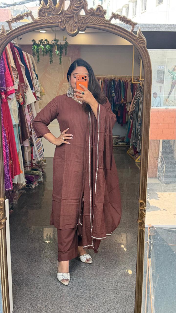 Premium Kota Dodiya super breathable cotton suit set in brown
