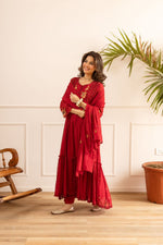 Super soft n pretty Mul cotton Anarkali suit set in red