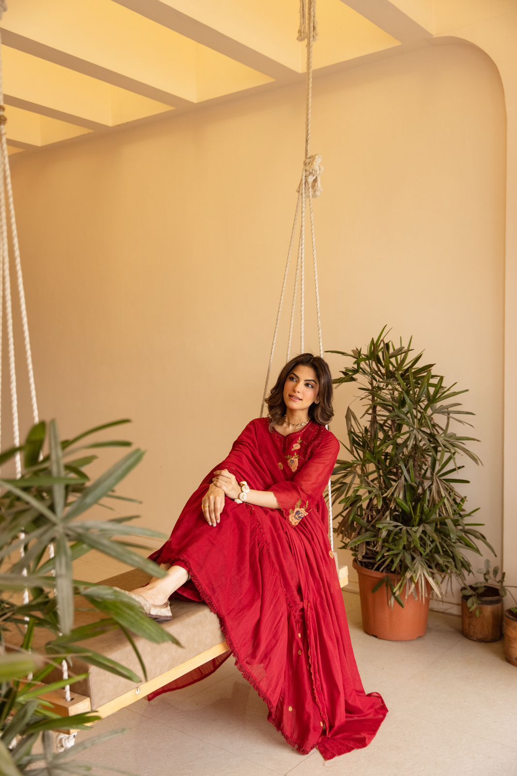 Super soft n pretty Mul cotton Anarkali suit set in red