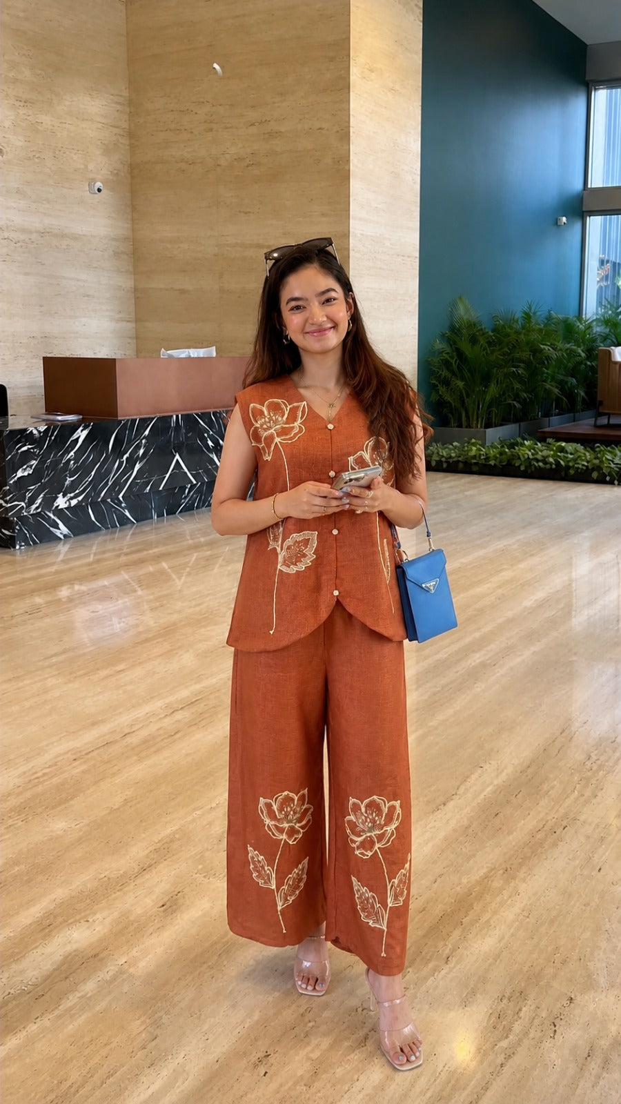 Cotton applique co ord set in rust
