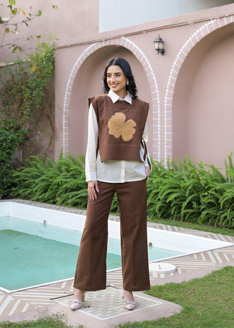 Detachable applique cotton co ord in brown