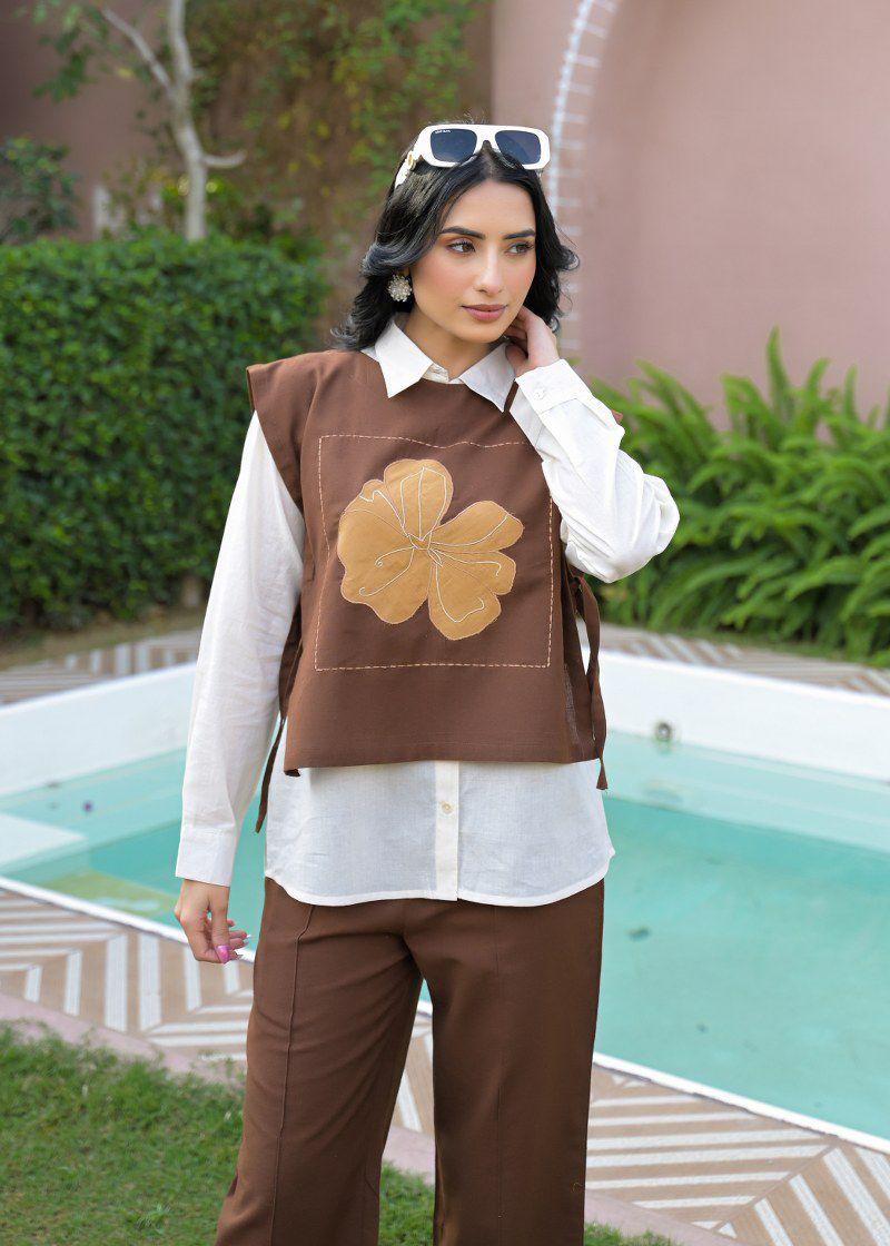 Detachable applique cotton co ord in brown