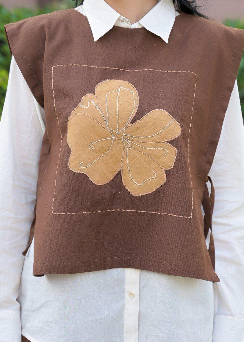 Detachable applique cotton co ord in brown