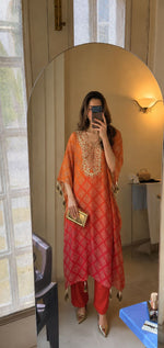 Crepe silk kaftan bandhani set in ombré
