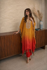 Crepe silk kaftan bandhani set in ombré in yellow n orange