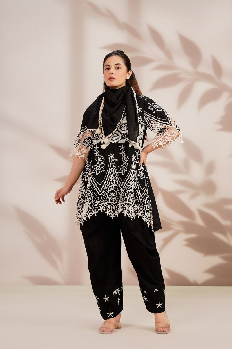 Premium embroidered cotton farshi salwar suit set in black