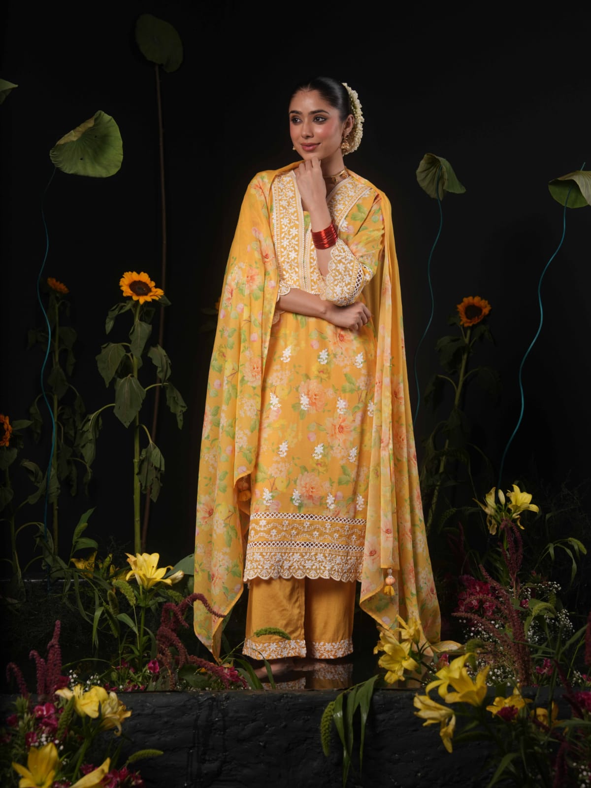 Super pretty Mul cotton embroidered full suit set in yellow