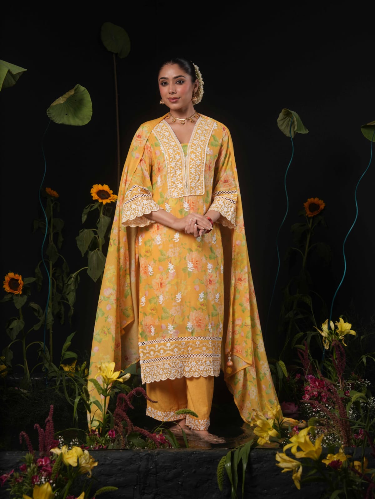 Super pretty Mul cotton embroidered full suit set in yellow