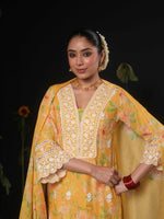 Super pretty Mul cotton embroidered full suit set in yellow