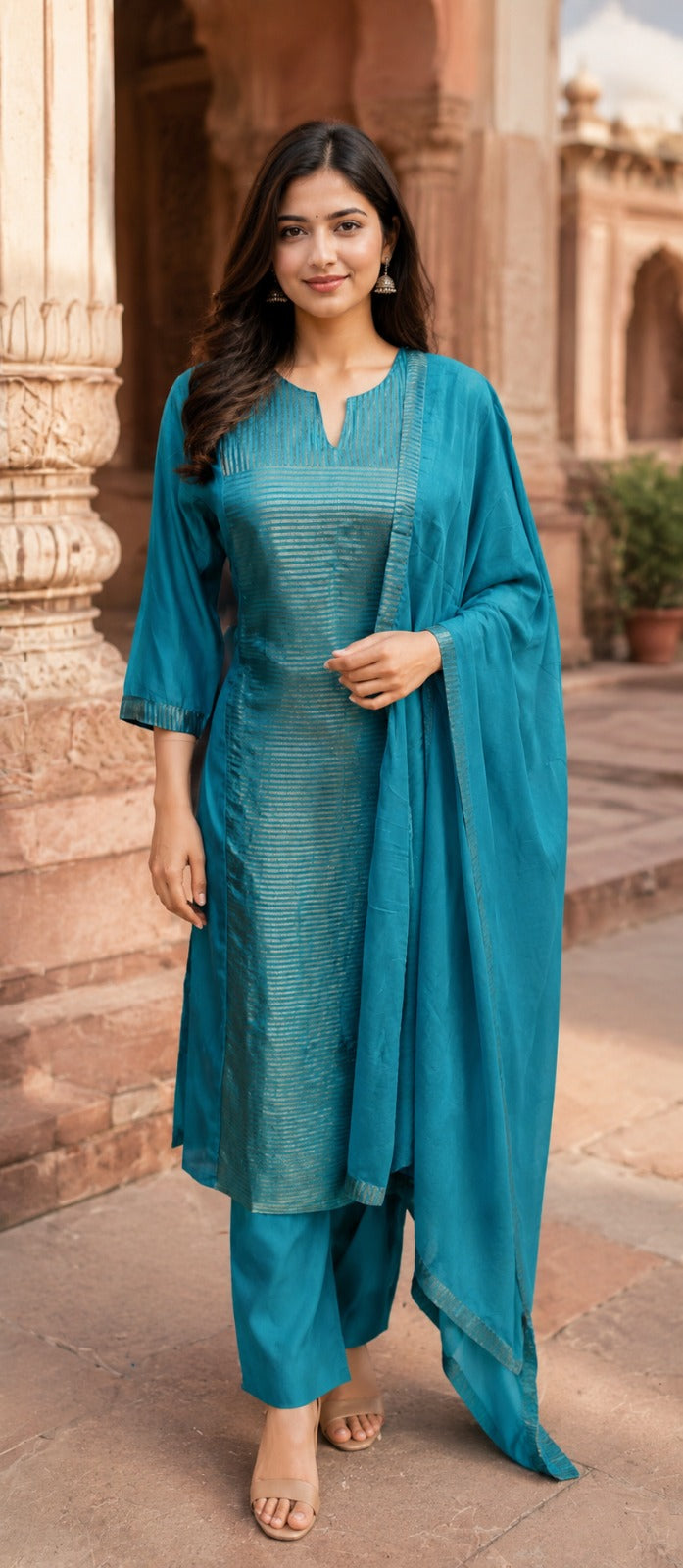 Russian silk tissue panel suit set inblue