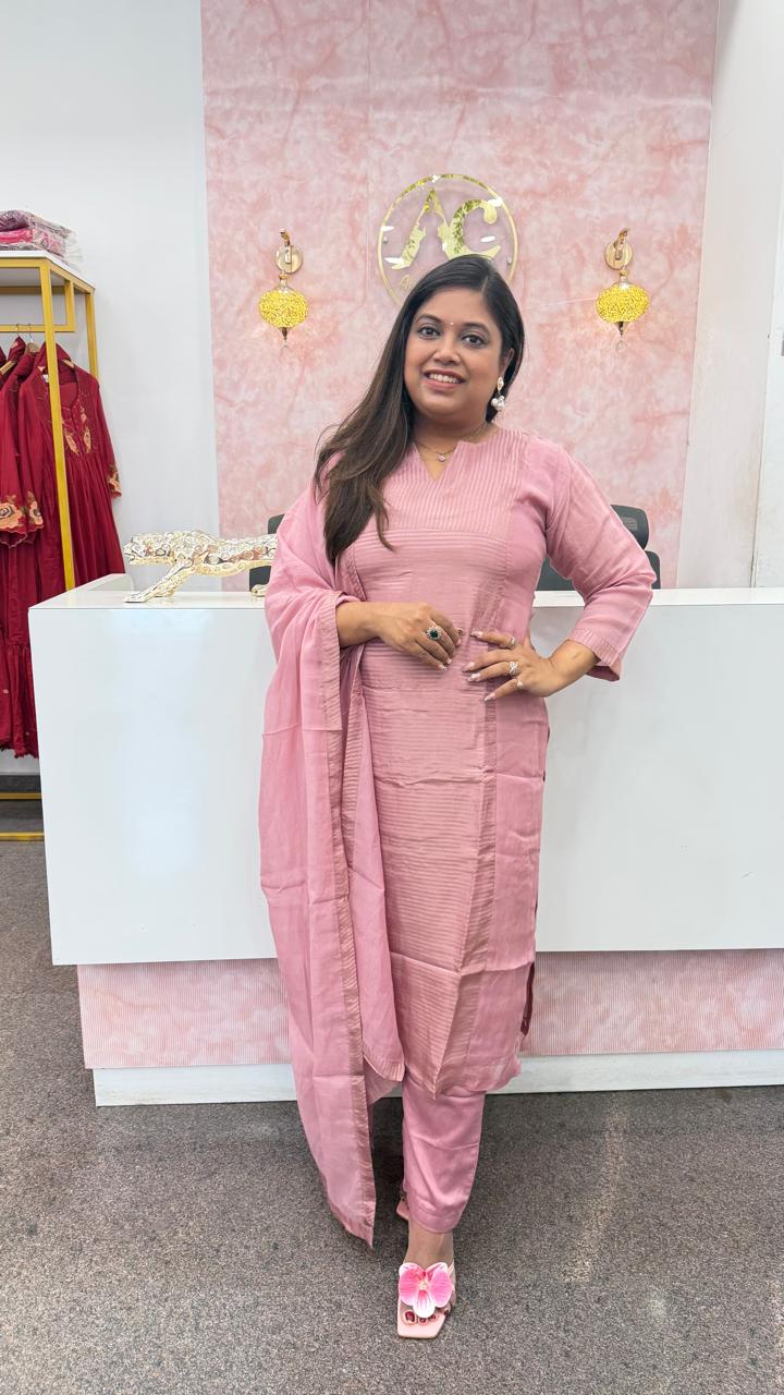 Russian silk tissue panel suit set in pink