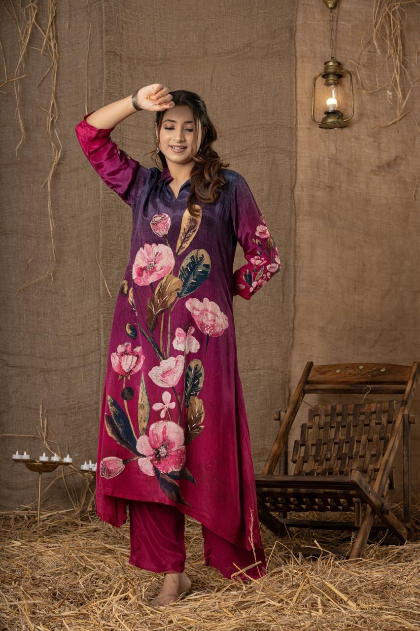 Pretty crepe silk digital print front n back kurta pant