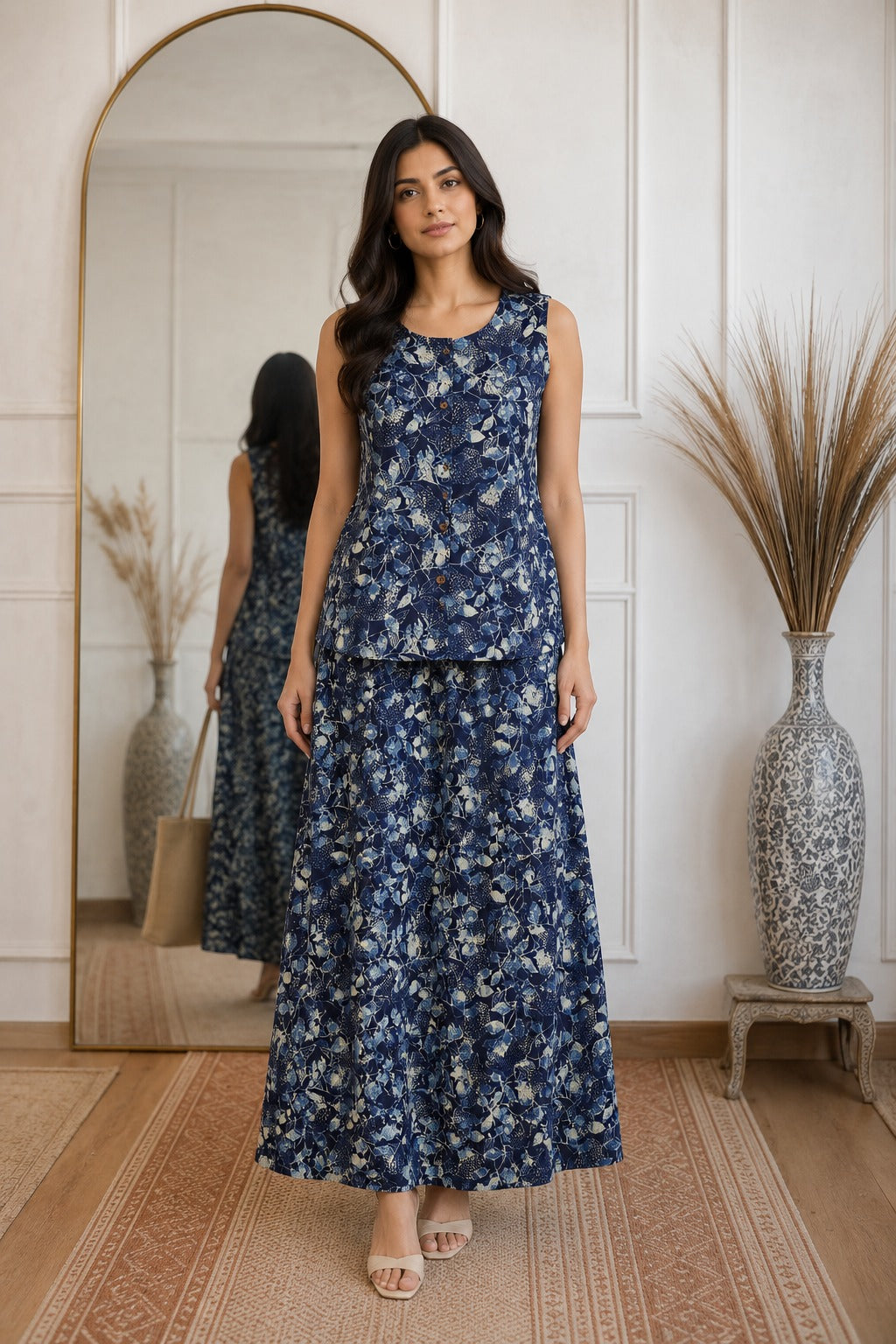 Pure cotton waist coat top paired with indigo skirt in leafy pattern