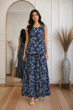 Pure cotton waist coat top paired with indigo skirt in leafy pattern