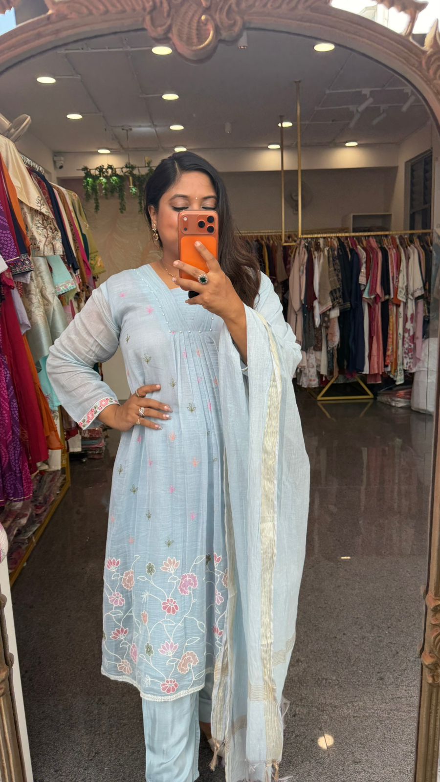 Super pretty ice blue embroidered Mul chanderi lining full suit set