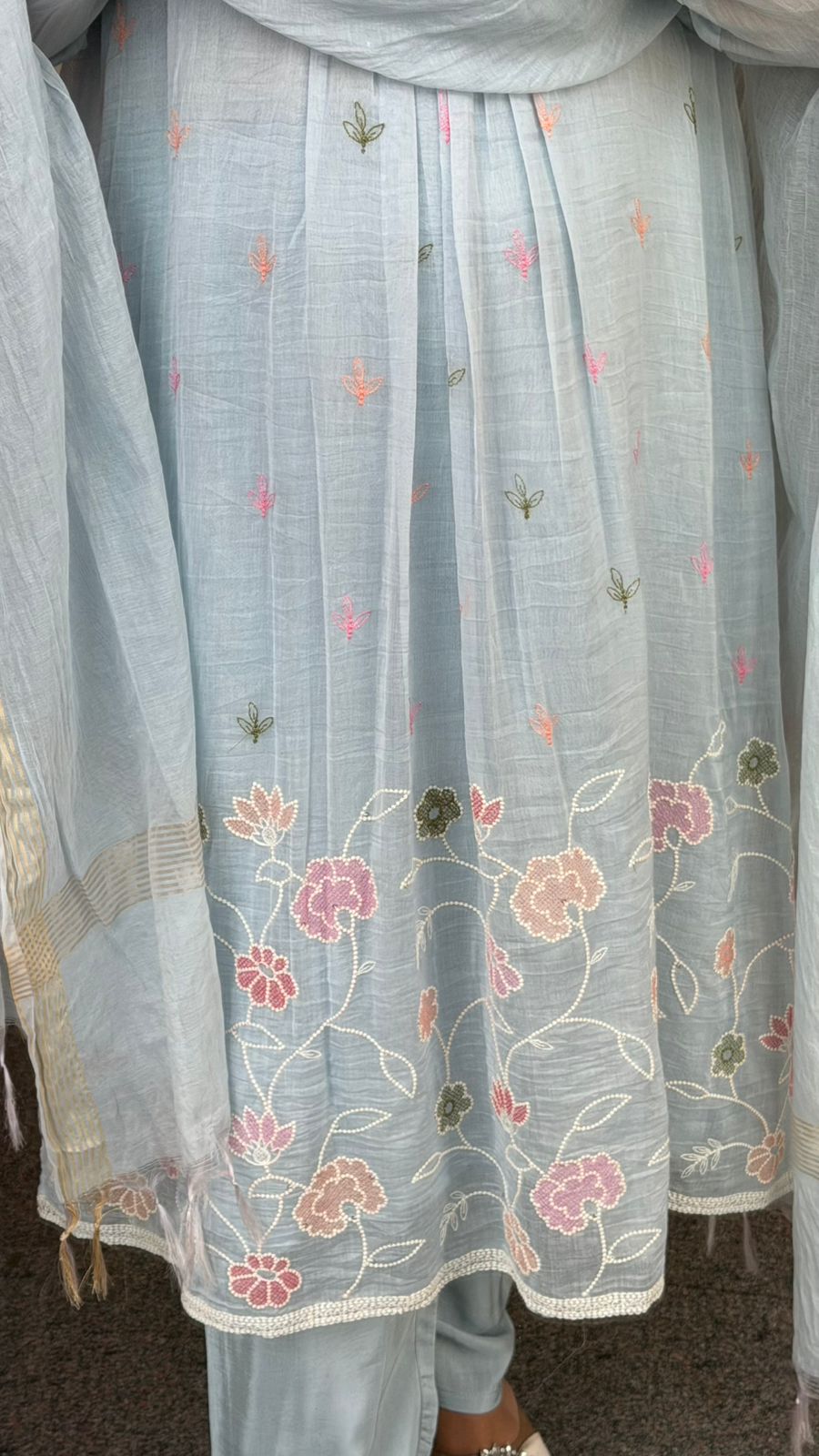 Super pretty ice blue embroidered Mul chanderi lining full suit set