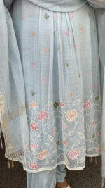 Super pretty ice blue embroidered Mul chanderi lining full suit set