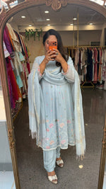 Super pretty ice blue embroidered Mul chanderi lining full suit set