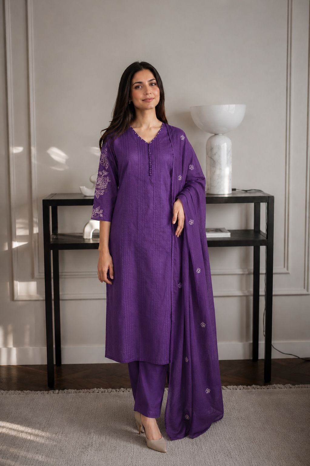 Pretty pure cotton full pintex suit set in purple
