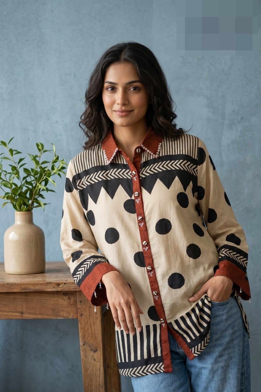 Wow polka dot Mul silk shirt red and black