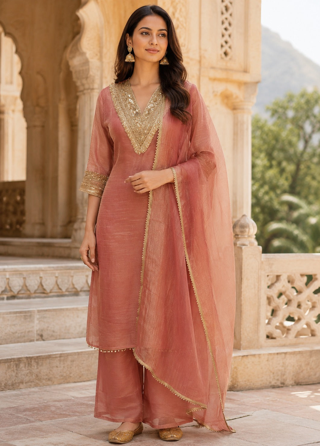 Shimmer tissue with zari detailing real mirror party wear suit set (slim fit but margin available) in peach