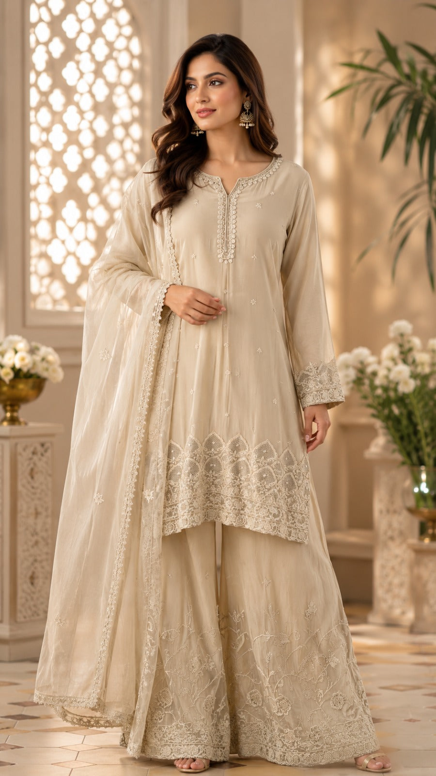 Premium chinon plazzo with intricate thread work all over the suit in cream