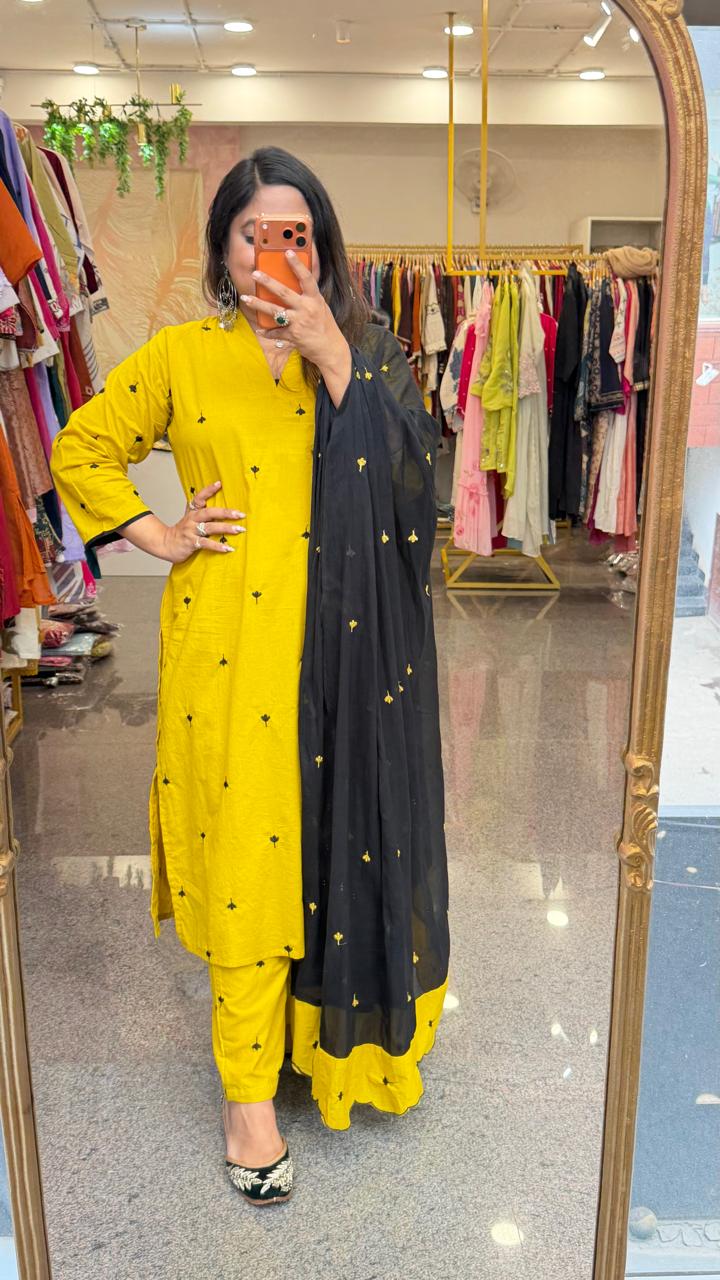 Pure cotton fully embroidered yellow n black suit set