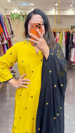 Pure cotton fully embroidered yellow n black suit set
