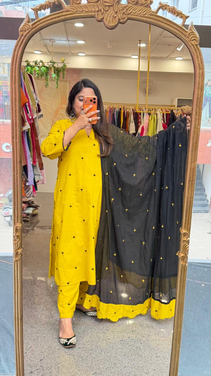 Pure cotton fully embroidered yellow n black suit set