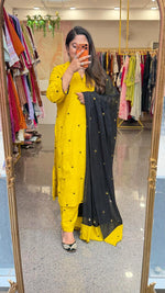 Pure cotton fully embroidered yellow n black suit set