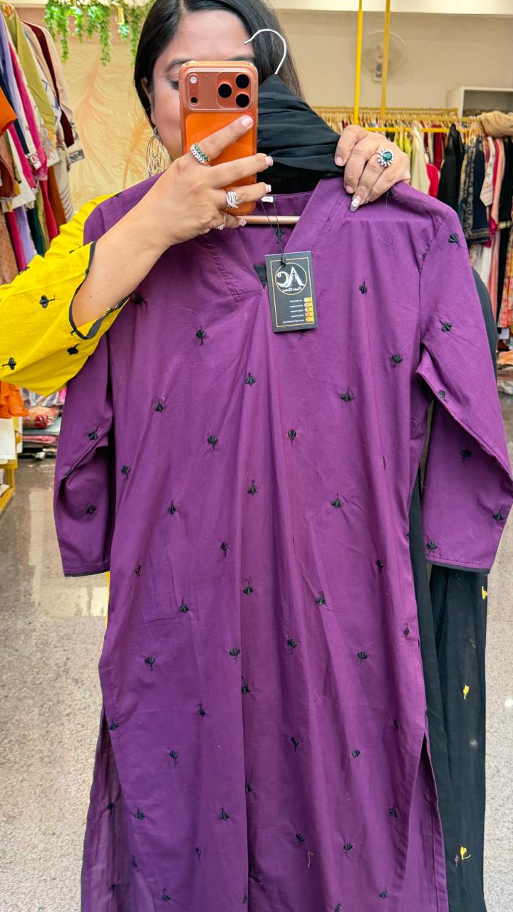 Pure cotton fully embroidered purple n black suit set