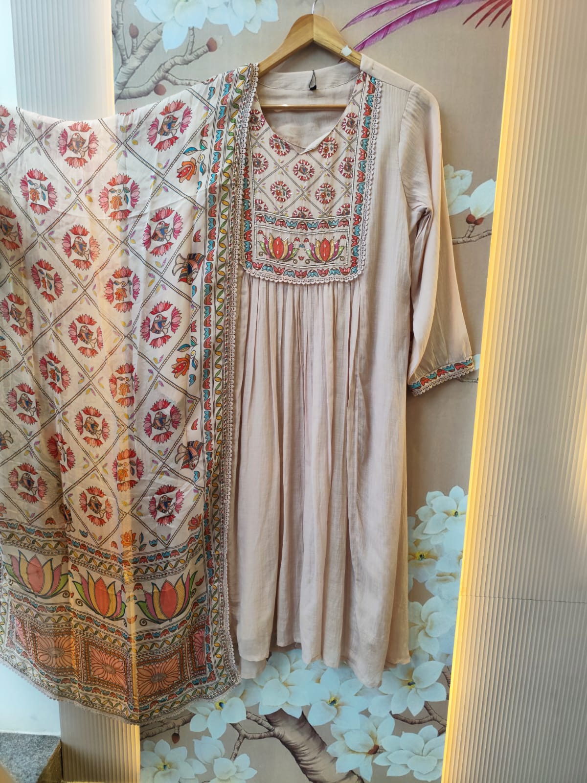 Wow Mul chanderi paired with a pretty preying dupatta in nude pinkFull suit set