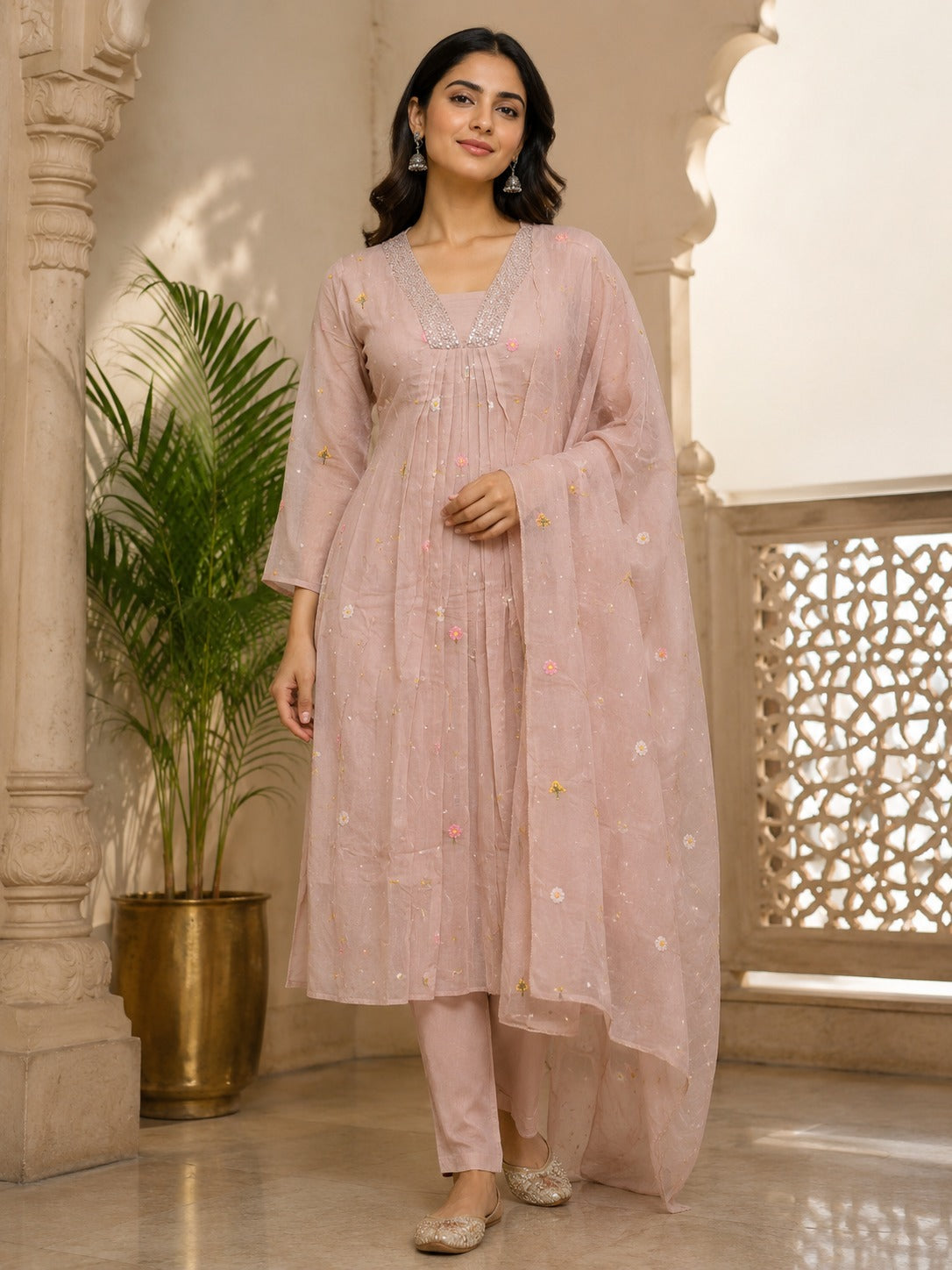 Pure Mul Chanderi embroidery suit set in nude pink