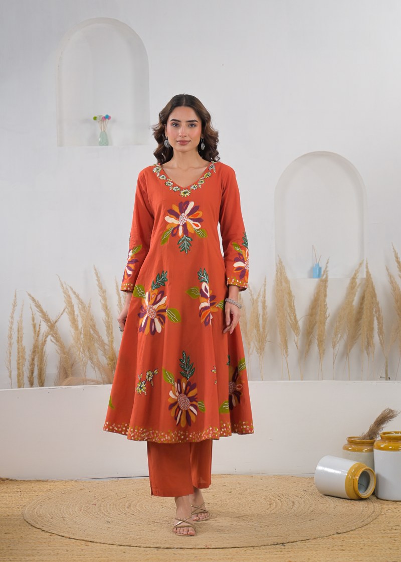 Gorgeous cotton suit with brush painted suit set in orange