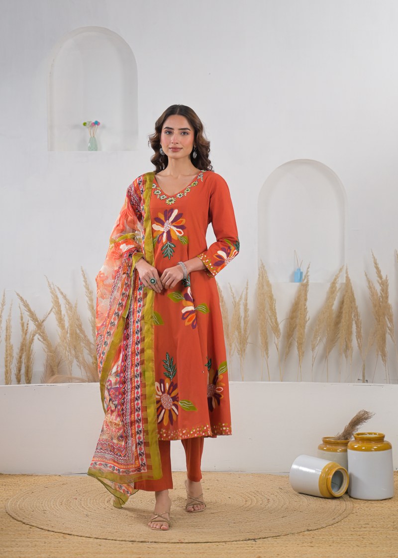 Gorgeous cotton suit with brush painted suit set in orange