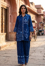 Premium crepe blue bandhani co ord set