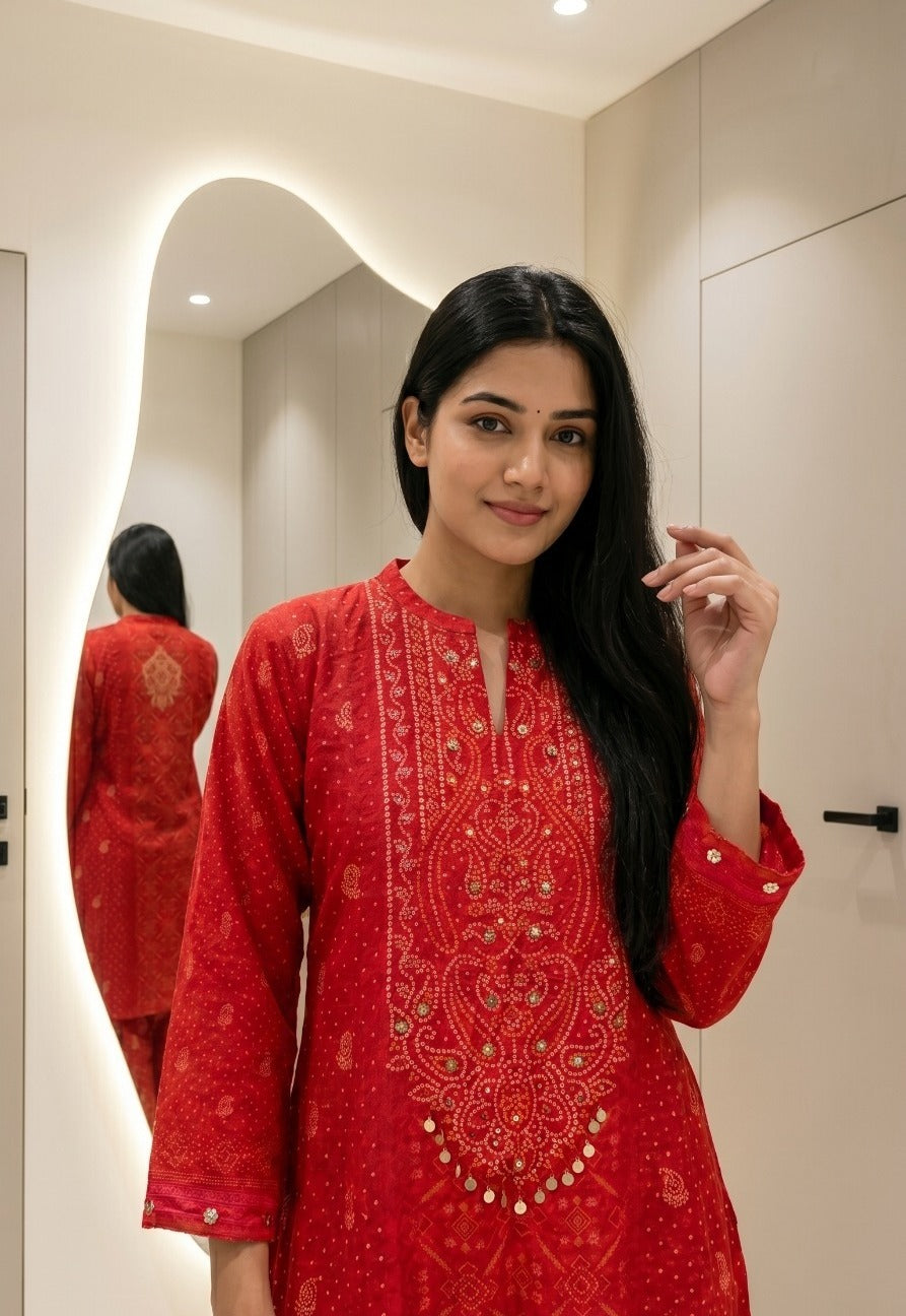 Farsi salwar red bandhani super soft Mul silk co ord in red