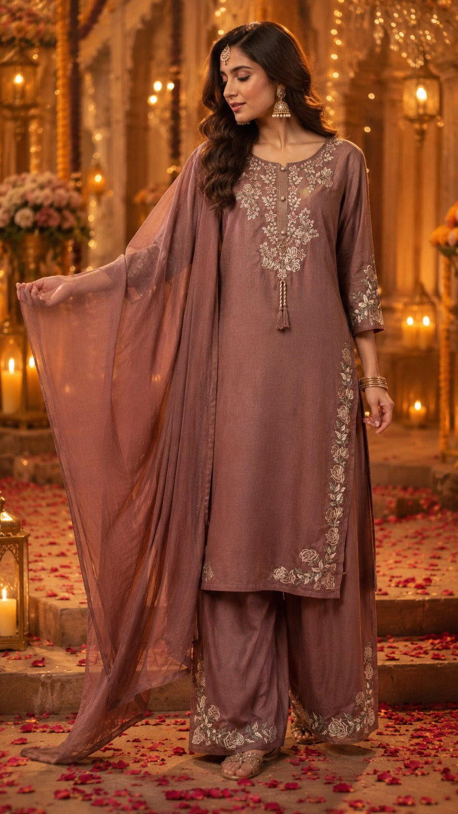 Pure cotton fully embroidered suit set in brown