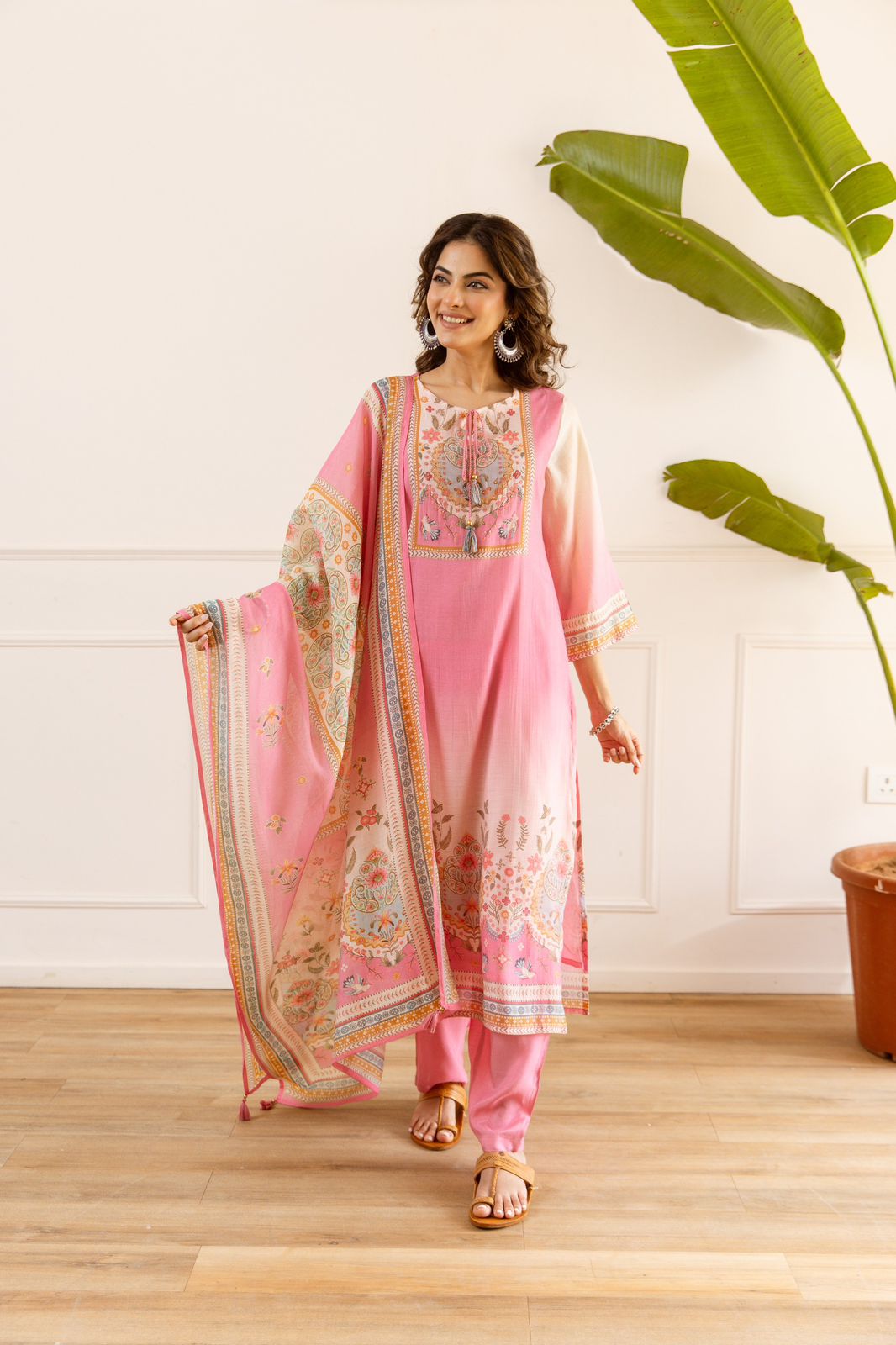 Premium Mul chanderi digital print suit set in pink