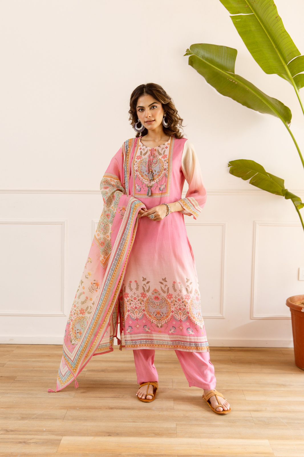 Premium Mul chanderi digital print suit set in pink