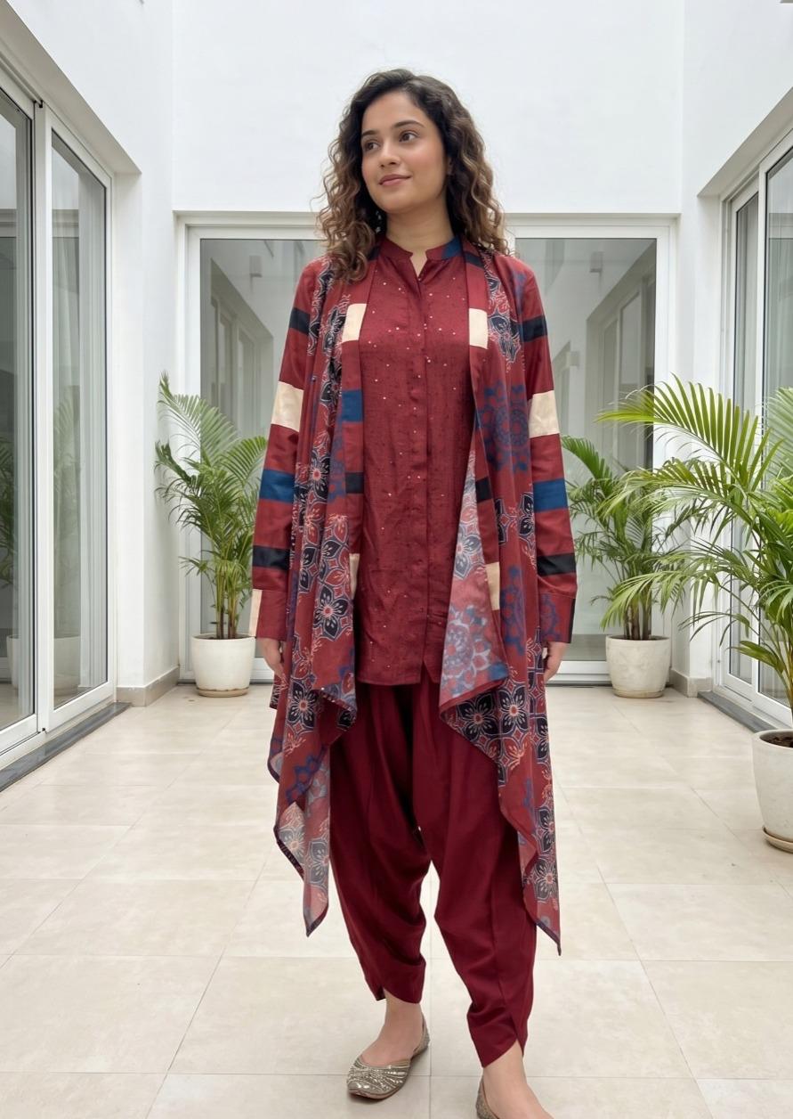Crepe silk with jacket co ord in red