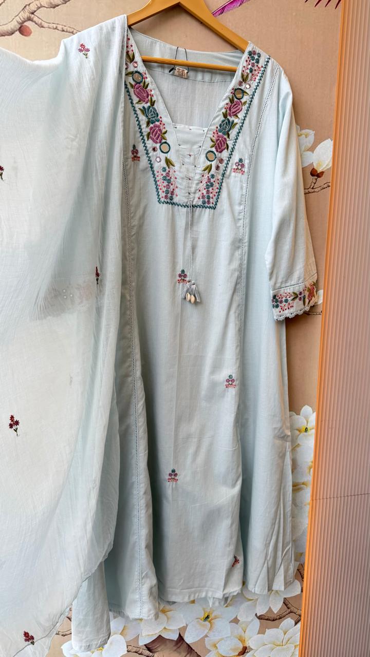Premium silly cotton with real mirror ice blue suit set