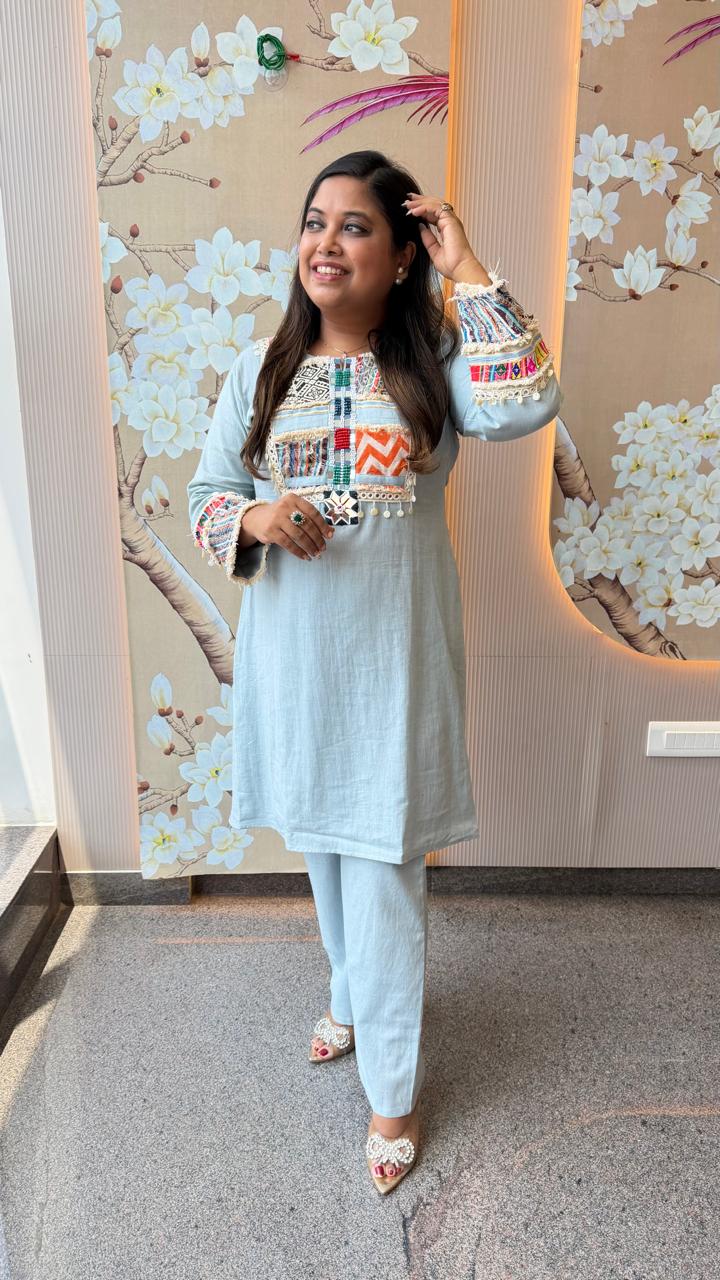 Premium cotton fully embroidered boho look blue co ord