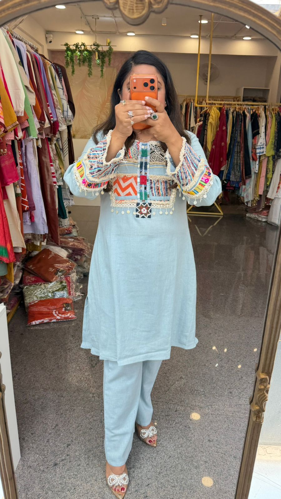 Premium cotton fully embroidered boho look blue co ord