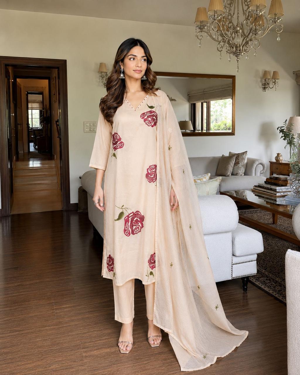 Pretty embroidered light pink suit set